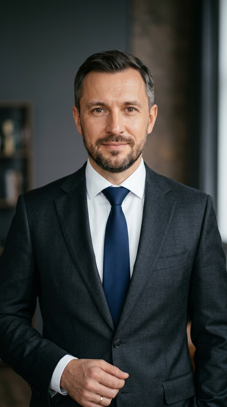 Реалистичный профессиональный портрет (лицо). Человек: Андрей Козлов. Деловой стиль, студийный свет, уютная обстановка.